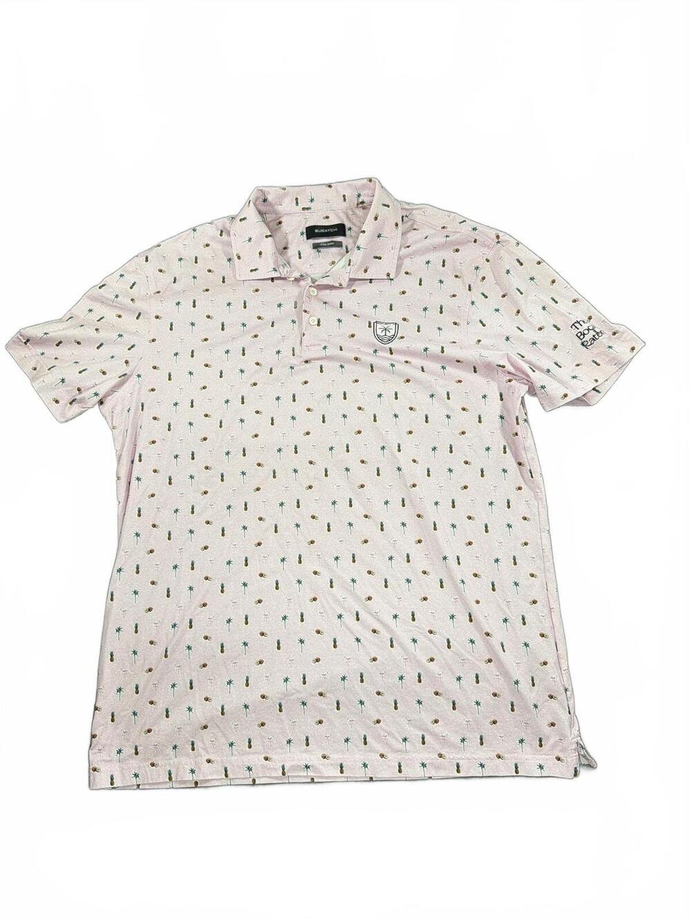 Bugatchi The Boca Raton Pink XL Polo Shirt with Tropical Print 8 Way Stretch
